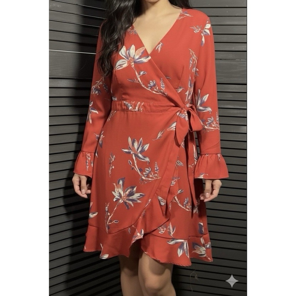 LE LIS Red Floral Print Wrap Dress with‎ Ruffle Hem Bell Sleeves Size M
